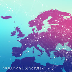 Global network connection with Europe Map. Network and big data visualization background. Global business. Vector Illustration. - obrazy, fototapety, plakaty