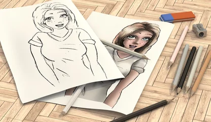 Foto auf Acrylglas schetsen en kleuren tekentafel van een tekentalent © emieldelange