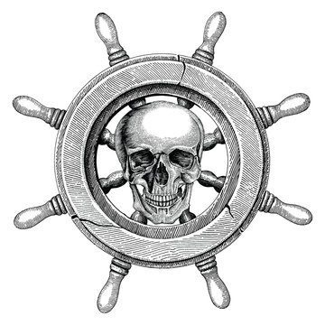 Old steering wheel ship hand drawing vintage style with human skull,Pirate logo
