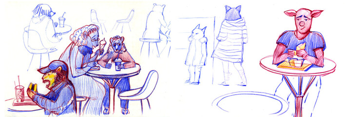 illustration of cafe with animals eating and drinking
