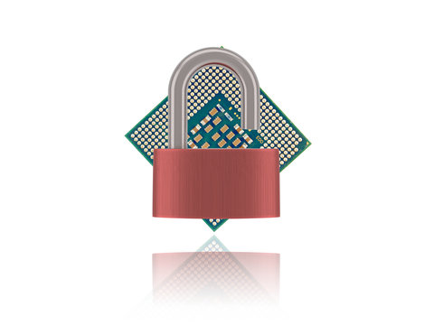 Computer Processor Chip With Unlocked Padlock On White Background With Reflectrion. CPU With Exploit Vulnarable To Attack  Concept.