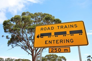 Traffic Sign Attention Road Trains Entering, Australia 