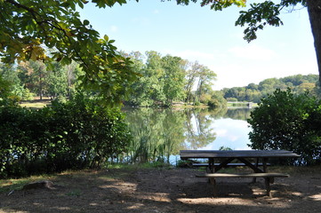 Obraz premium Wood Picnic Bench by a Lake in Pennsylvania