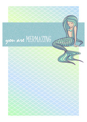 Cute mermaid and sea life cartoon greeting card template