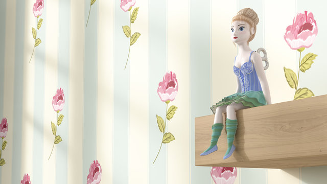 Toy doll sitting on shelf, D Rendering