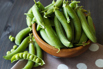 Green pea. Close-up. Top view.