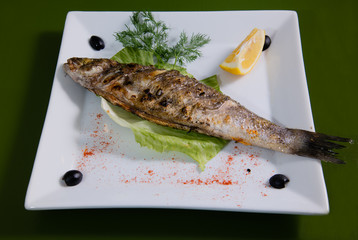 Fish sea bass served on a white plate