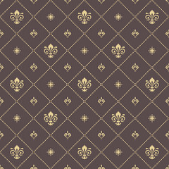Seamless vector pattern. Modern geometric ornament with golden royal lilies. Classic vintage background
