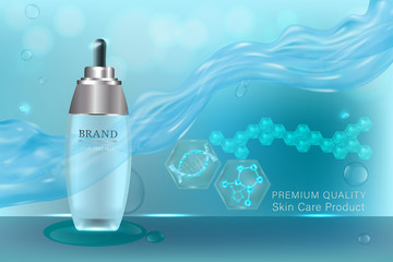 Cosmetic container with advertising background ready to use, blue liquid luxury skin care ad. Illustration vector.