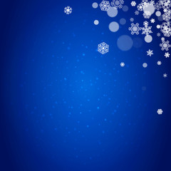 New Year snowflakes on blue background with sparkles. Winter theme. Christmas and New Year snowflakes falling. For season sales, special offer, banners, cards, party invites, flyers. White frosty snow