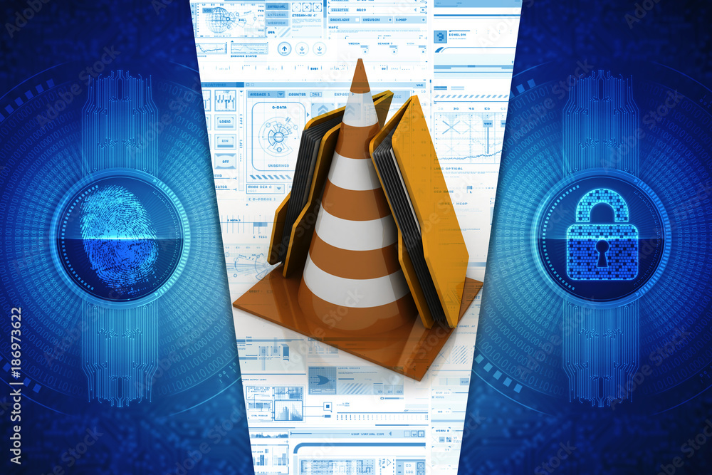 Poster 3d rendering folder icon with traffic cones