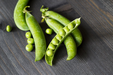 Green pea. Close-up. Top view.