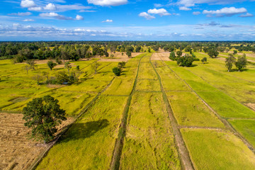 Aerial view of rice paddies in rural Thailand.