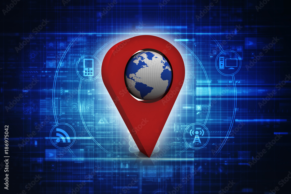 Fototapete 3d rendering red map pointer with world map