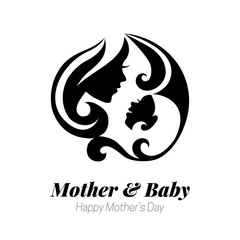 Vector illustration of mother silhouette with her baby. Card of Happy Mothers Day. Logo of beautiful woman and child