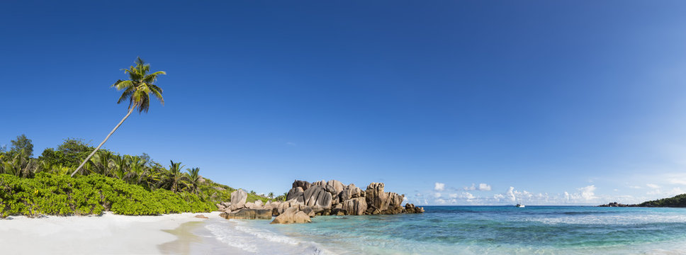 Seychelles, La Digue, Indian Ocean, Anse Cocos, Panoramic view of beach