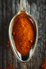 Spoon of cayenne pepper on a wooden background