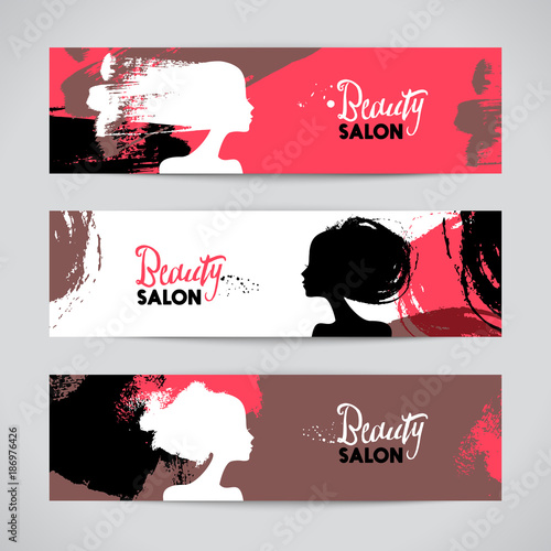 Set Of Banners With Acrylic Beautiful Girl Silhouettes Vector