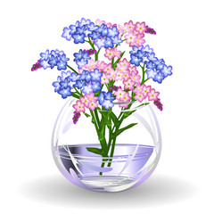 Spring flowers. Hand drawn realistic vector illustration of blue and pink forget-me-not flowers (Myosotis, scorpion grass) in glass vase on white background.