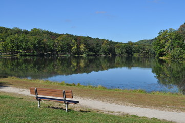 Wood Bench Overlooking a Lake