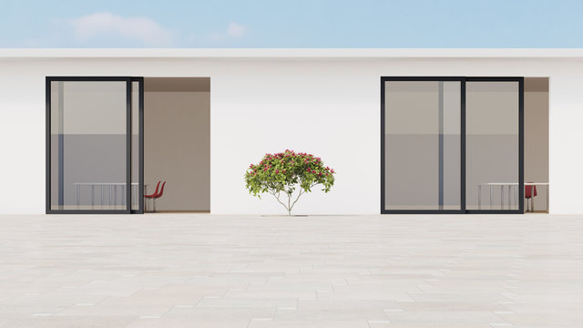 Bright courtyard with red frangipani, d rendering