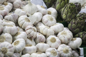 Garlic and artichokes on the Borough market in London