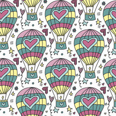 Vector seamless pattern with flying balloon and hearts. 