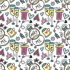 Vector seamless pattern with rings, gifts and hearts