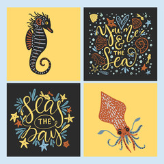 Vector sea cards set with handdrawn sea animals and ornate lettering pieces.