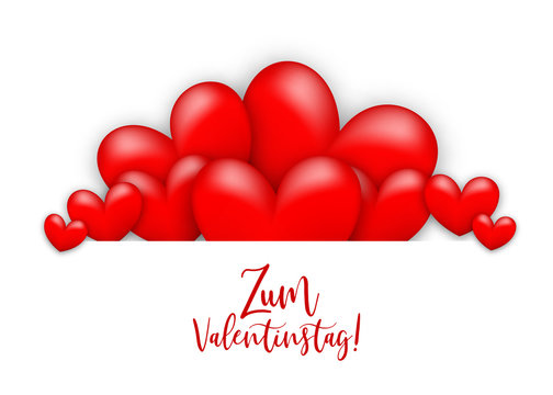 Glossy. Happy Valentines Day - Zum Valentinstag German language. Realistic 3d heart romantic isolated white vector illustration background. St. Valentine greeting card. Handwritten lettering.