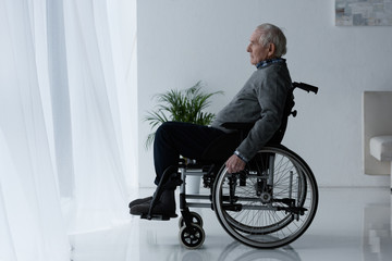 Senior thoughtful man in wheelchair looking in window