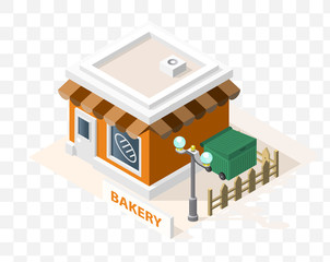 Isometric High Quality City Element with 45 Degrees Shadows on Transparent Background . Bakery