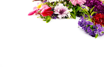 variety of colorful flowers on a white background isolated with copy space