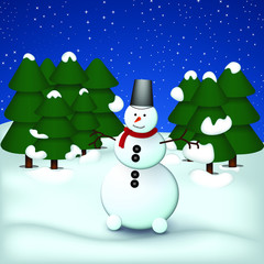 Snowman in the night spruce forest