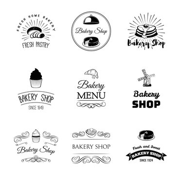 Set of vintage bakery labels and design elements . vector illustration isolated on white