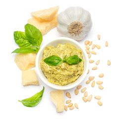 ingredients for traditional italian sauce pesto isolated on white background