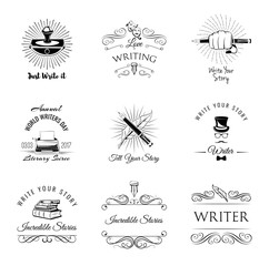 Writer vintage labeles and badges set. Vector illustration on a white background.