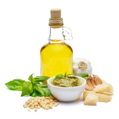 ingredients for traditional italian sauce pesto isolated on white background
