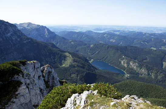Austria, Salzkammergut, Eben lake, Feuerkogel, View of Langbathsee lake, Hoellen mountains