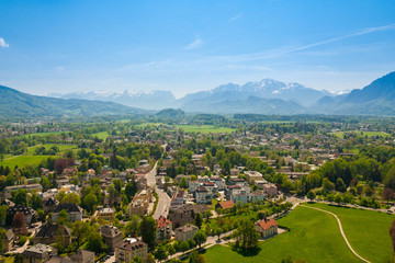 Overview of the Salzburg basin with the alps in the background.