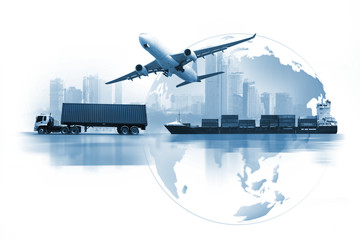 Transportation, import-export and logistics concept, container truck, ship in port and freight cargo plane in transport and import-export commercial logistic, shipping business industry - obrazy, fototapety, plakaty