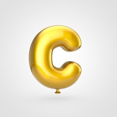 Glossy golden balloon letter C uppercase isolated on white background.