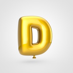 Glossy golden balloon letter D uppercase isolated on white background.