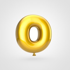 Glossy golden balloon letter O uppercase isolated on white background.