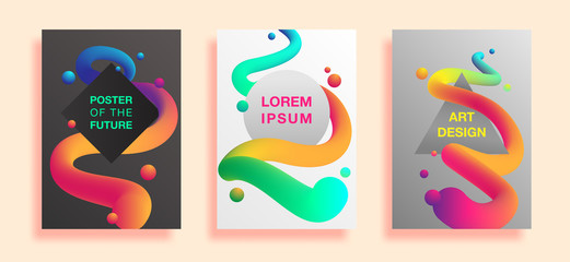 Posters with liquid color shapes. Futuristic trendy abstract covers. Fluid backgrounds set. Vector illustration Eps10.