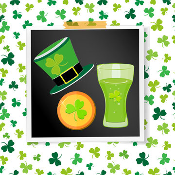 Irish holiday Saint Patrick's Day. Old photo on the wall of gold coins, glass of beer and hat on green background. Vector