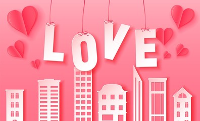 3d abstract paper cut illustration of pink paper town and love letters. Vector colorful template in carving art style.