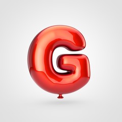 Glossy red balloon letter G uppercase isolated on white background.