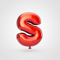 Glossy red balloon letter S uppercase isolated on white background.
