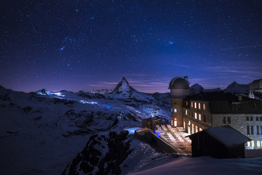 Matterhorn and hotel at night, Gornergrat, Zermatt, Switzerland